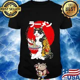 Cat eating sushi tattoo japanese sunset shirt