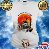 Halloween a witch her cat and her pumpkins sunset s Ladies tee