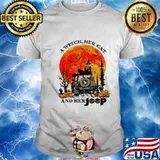 Halloween a witch her cat and her pumpkins sunset shirt