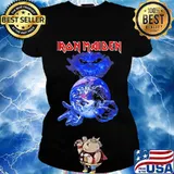 Iron maiden band skeleton holding earth s Ladies tee
