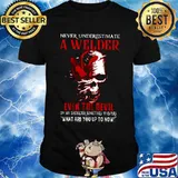 NEVER UNDERESTIMATE A WELDER EVEN THE DEVIL ON MY SHOULDER SOMETIMES WHISPERS WHAT ARE YOU UP TO NOW SKULL SHIRT