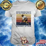 Never underestimate an old man with a hockey stick vintage retro white shirt