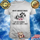 Never underestimate an old woman who loves coffee and paw dogs flowers shirt