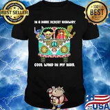 Baby yoda stitch and baby groots riding hippie bus in a dark desert highway cool wind in my hair shirt