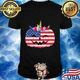 Cute Unicorn Pumpkin Halloween USA flag for girls and women T-Shirt