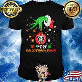 Grinch holding las vegas raiders logo happy hallothanksmas halloween thanksgiving christmas shirt