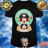 Mickey mouse drinking starbucks coffee logo shirt
