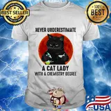 Never underestimate a cat lady with a chemistry degree black cat moon blood halloween shirt