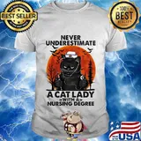 Never underestimate a cat lady with a nursing degree sunset halloween shirt
