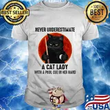 Never underestimate a cat lady with a pool cue in her hand moon blood black cat halloween shirt