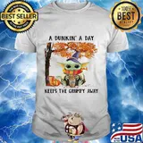 A dunkin a day keeps the grumpy away baby yoda wear hat witch halloween shirt