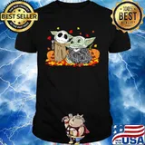 Jack skellington and baby yoda happy halloween fall leaves map shirt