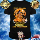 Just a woman who loves baby groot and halloween moon shirt