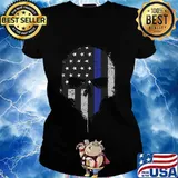 Skull Thin Blue Line Flag Back Shirt Ladies tee