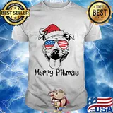 Merry Pitmas Dog Wear Hat Santa Claus With Sunglasses American Flag Shirt