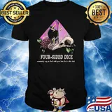 Four sided dice easy to find with your bare feet in the dark shirt