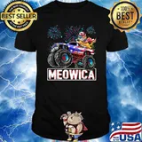 Meowica American Flag Cat Trucker Fireworks 4th of July T-Shirt
