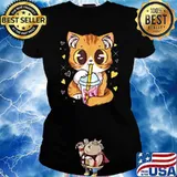 Cute Kawaii Cat Boba Bubble Milk Tea Anime Neko Kitten Shirt Ladies tee