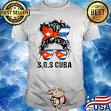 SOS Cuba Messy Hair Woman Bun Flag Free Cuba T-Shirt