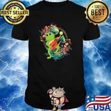Cottagecore Aesthetic Frog Playing Guitar on Mushroom Flower T-Shirt
