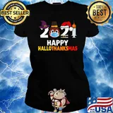 Happy Hallothanksmas 2021 Thanksgiving Turkey Wearing Mask T-Shirt Ladies tee