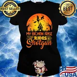 My Bichon Frise Rides Shotgun Witch Moon Halloween T-Shirt Ladies tee