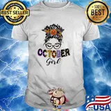 October girl messy bun hair pumpkin skull halloween shirt