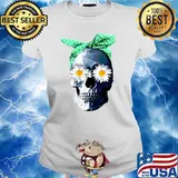 Skeleton Skull With Bandana Head Scarf And Daisy Flower Eyes T-Shirt Ladies tee
