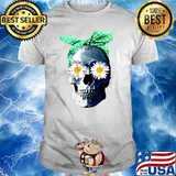Skeleton Skull With Bandana Head Scarf And Daisy Flower Eyes T-Shirt