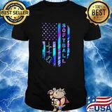 Softball us flag heartbeat hologram shirt