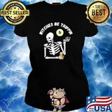 Witches Be Trippin Halloween Skeleton and Witch T-Shirt Ladies tee