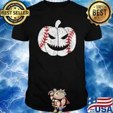 Baseball Player Scary Pumpkin Halloween Vintage T-Shirt