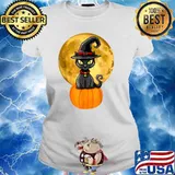 Halloween Black Cat On Pumpkin Full Moon Pet Shirt Ladies tee