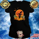 Halloween Witch Cat Mom Pumpkin Graveyard Spooky Blood Moon T-Shirt Ladies tee