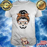 Leopard Messy Bun Jack o Lantern Face Halloween Glasses T-Shirt