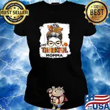 One Thankful Momma Fall Costume Leaves Autumn Thanksgiving Messy Buns T-Shirt Ladies tee