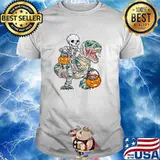 Skeleton Riding Mummy Dinosaur T rex Halloween Pumpkin T-Shirt