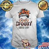 Spooky Lunch Lady Pumpkin Halloween Bat Messy Bun T-Shirt