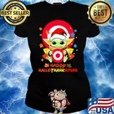 Target logo yoda holding happy hallothanksmas santa hat s Ladies tee