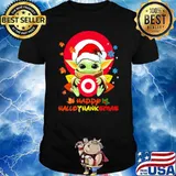Target logo yoda holding happy hallothanksmas santa hat shirt