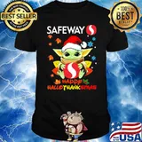 Yoda holding safeway logo happy hallothanksmas santa hat shirt