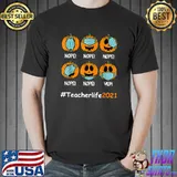 76AX Teacher Life 2021 Pumpkin Mask Halloween Scary Teacher T-Shirt