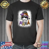 Boojie Mama Halloween Monster Messy Bun Skull Mom Bleached T-Shirt