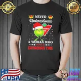 Grinch Santa Hat Never Underestimate A Woman Who Works At Perkins Merry Christmas Shirt Unisex