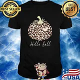 Hello Fall Animal Print Leopard heart Pumpkin Fall Halloween T-Shirt