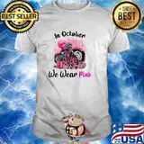 In October We Wear Pink Motorcycle Breast Cancer Bikers Pumpkin Leopard T-Shirt