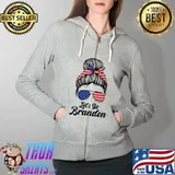 Let’s Go Brandon Messy Hair Bun American Flag Shirt Full Zip Hooded