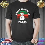 Merry Christmas Paris Festive Xmas Retro Sunset Snowman Raglan Baseball T-shirt