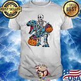 Skeleton Riding Mummy Dinosaur T rex Halloween Pumpkin T-Shirt