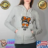 Spooky Kid Halloween Shirt for Girls Youths Messy Bun Scary T-Shirt Full Zip Hooded